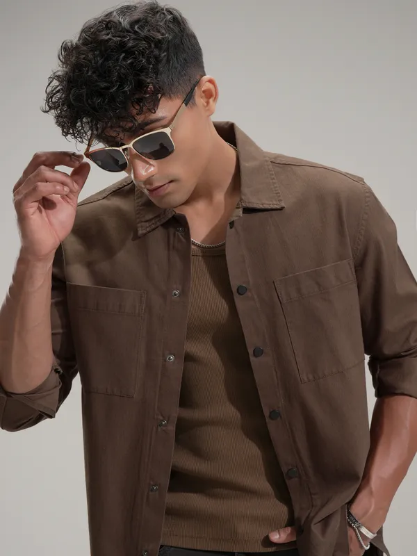 Highlander Men Brown Self Design Oversized Fit Casual Shirt