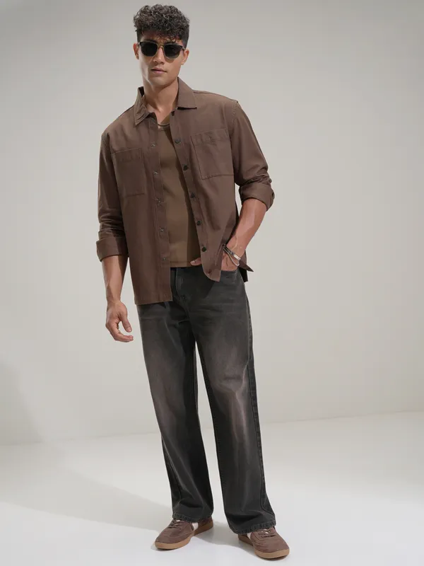 Highlander Men Brown Self Design Oversized Fit Casual Shirt