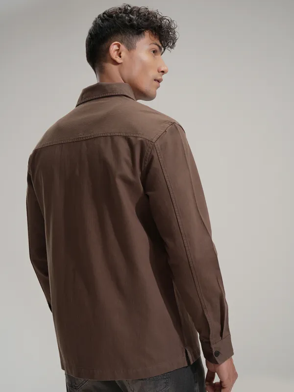 Highlander Men Brown Self Design Oversized Fit Casual Shirt