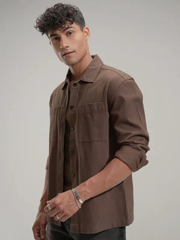Highlander Men Brown Self Design Oversized Fit Casual Shirt