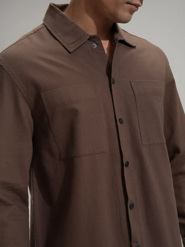 Highlander Men Brown Self Design Oversized Fit Casual Shirt