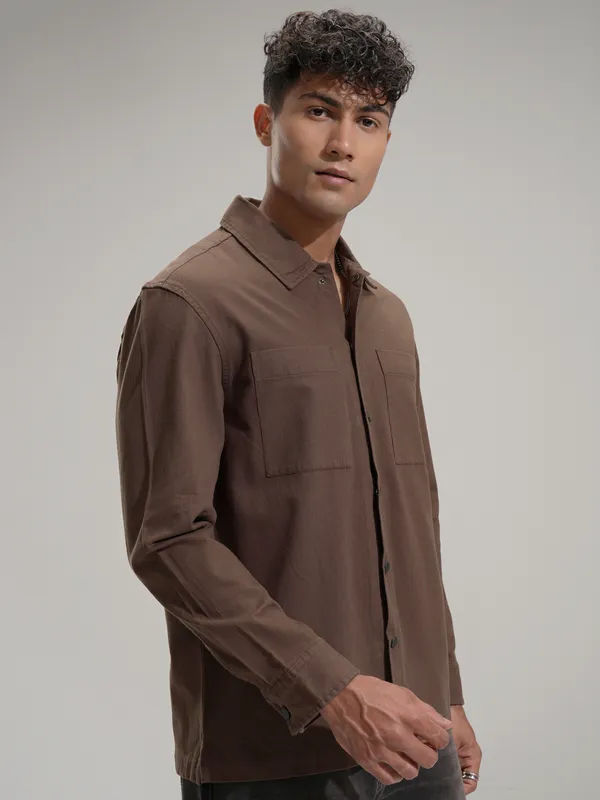 Highlander Men Brown Self Design Oversized Fit Casual Shirt