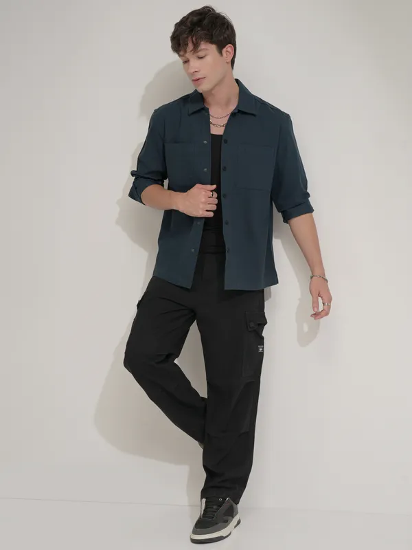 Highlander Men Teal Self Design Oversized Fit Casual Shirt