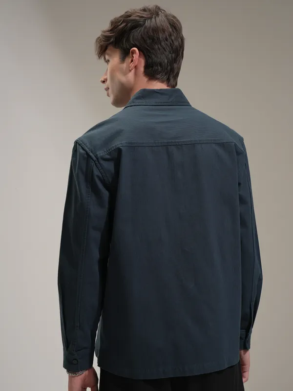 Highlander Men Teal Self Design Oversized Fit Casual Shirt