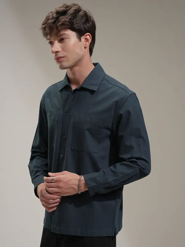 Highlander Men Teal Self Design Oversized Fit Casual Shirt