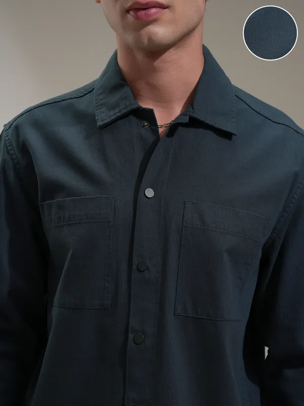 Highlander Men Teal Self Design Oversized Fit Casual Shirt