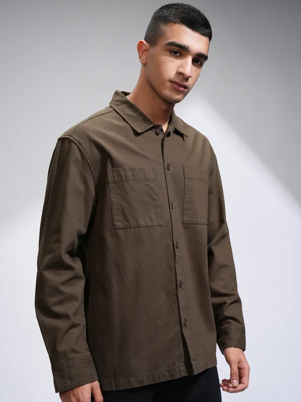 Highlander Men Khaki Solid Oversized Fit Casual Shirt