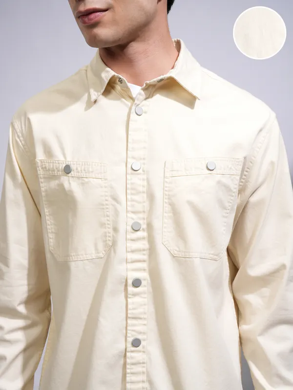 Highlander Men Cream Solid Oversized Casual Shirt