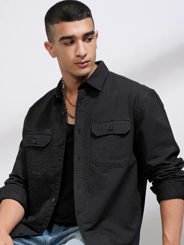 Highlander Men Black Self Design Oversized Fit Casual Shirt