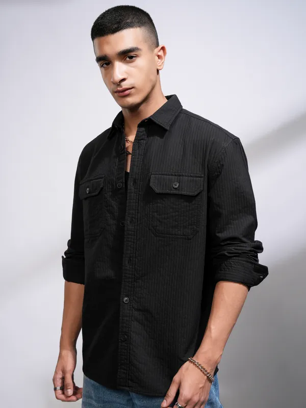 Highlander Men Black Self Design Oversized Fit Casual Shirt