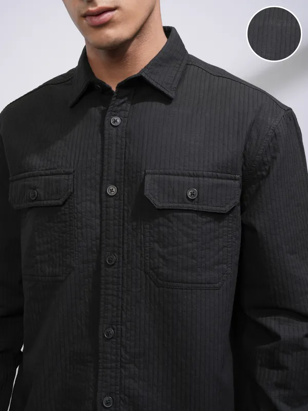 Highlander Men Black Self Design Oversized Fit Casual Shirt