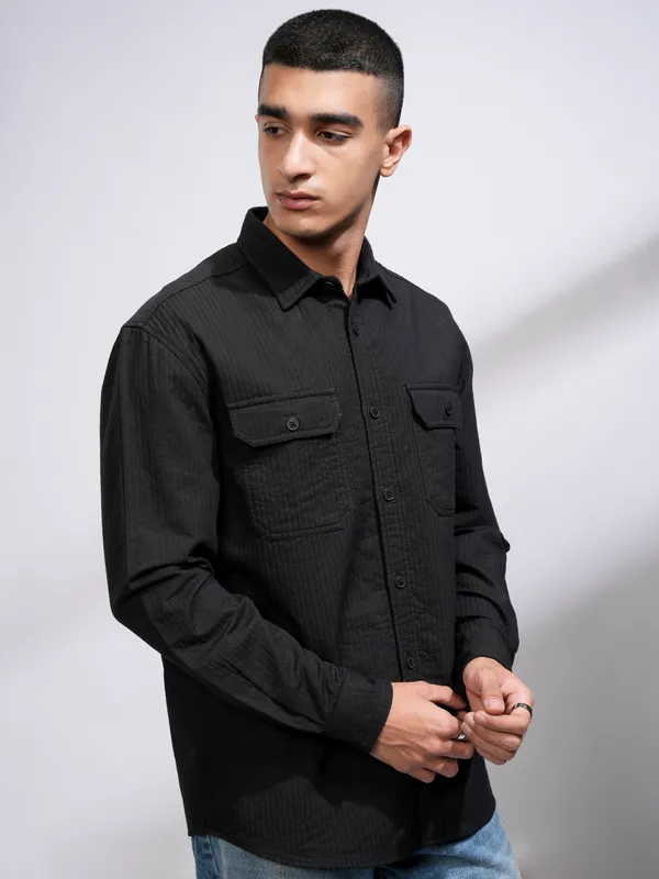 Highlander Men Black Self Design Oversized Fit Casual Shirt