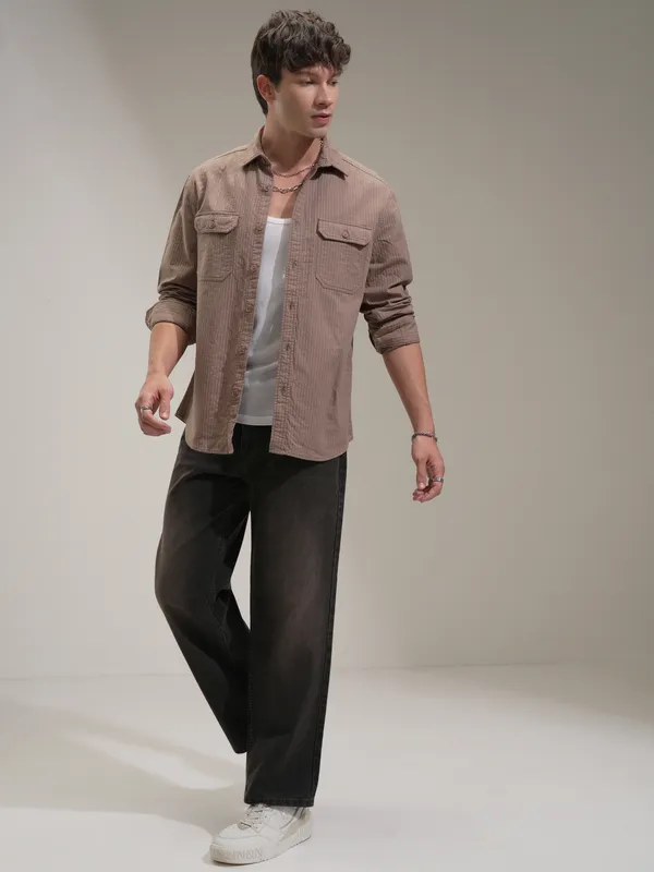 Highlander Men Taupe Striped Oversized Fit Casual Shirt