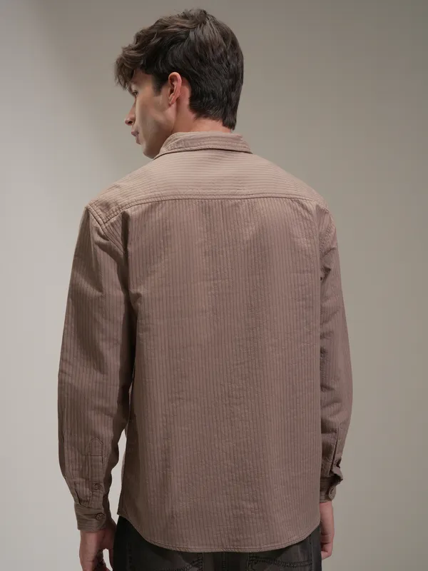 Highlander Men Taupe Striped Oversized Fit Casual Shirt