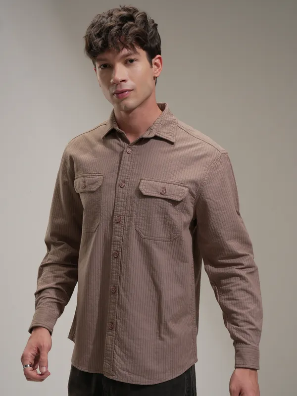 Highlander Men Taupe Striped Oversized Fit Casual Shirt
