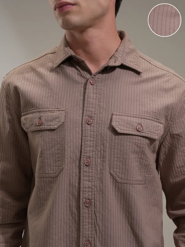 Highlander Men Taupe Striped Oversized Fit Casual Shirt