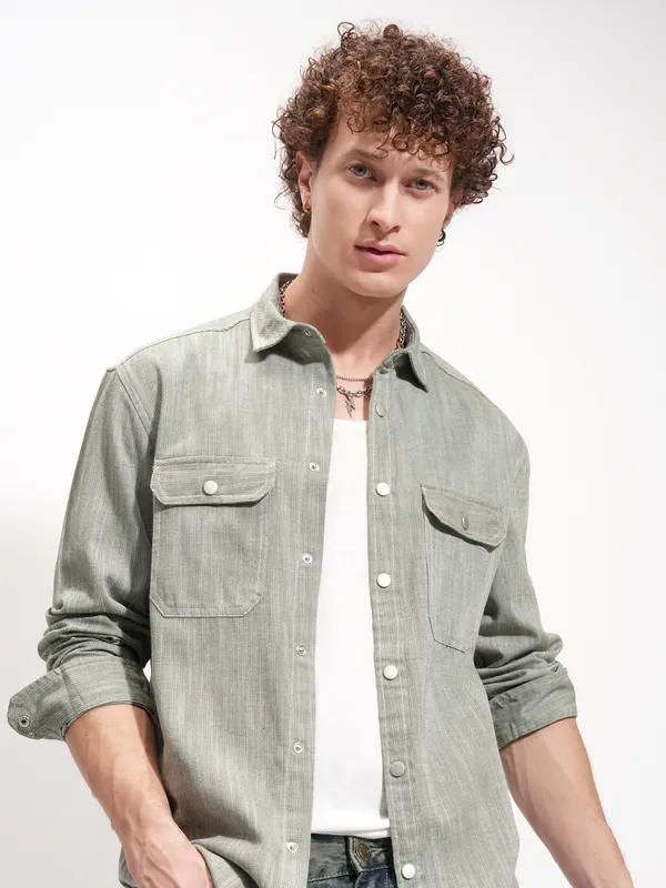 Highlander Men Olive Self Design Oversized Fit Casual Shirt
