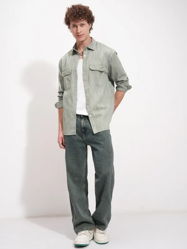 Highlander Men Olive Self Design Oversized Fit Casual Shirt