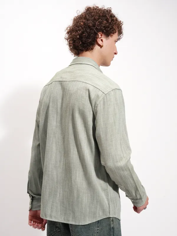 Highlander Men Olive Self Design Oversized Fit Casual Shirt