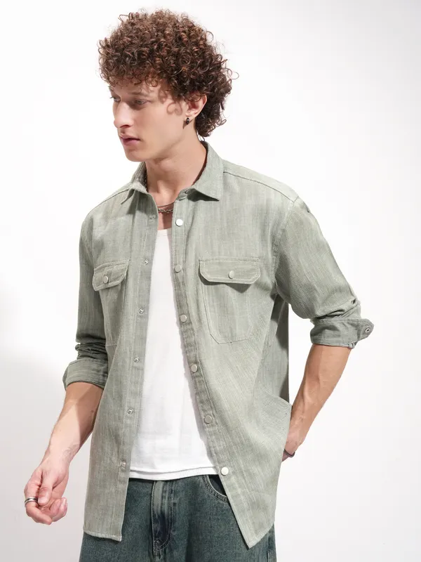 Highlander Men Olive Self Design Oversized Fit Casual Shirt