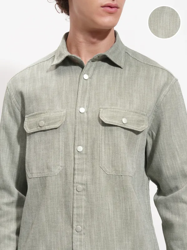Highlander Men Olive Self Design Oversized Fit Casual Shirt