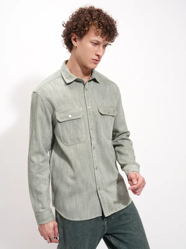 Highlander Men Olive Self Design Oversized Fit Casual Shirt