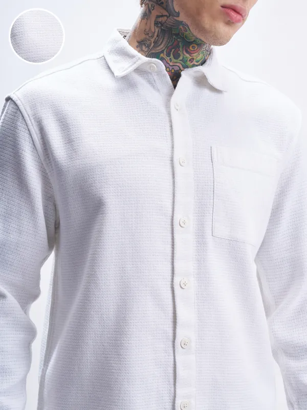 Highlander Men White Self Design Oversized Fit Casual Shirt