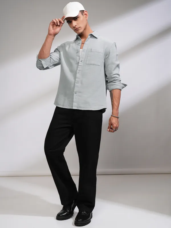 Highlander Men Grey Self Design Oversized Fit Casual Shirt