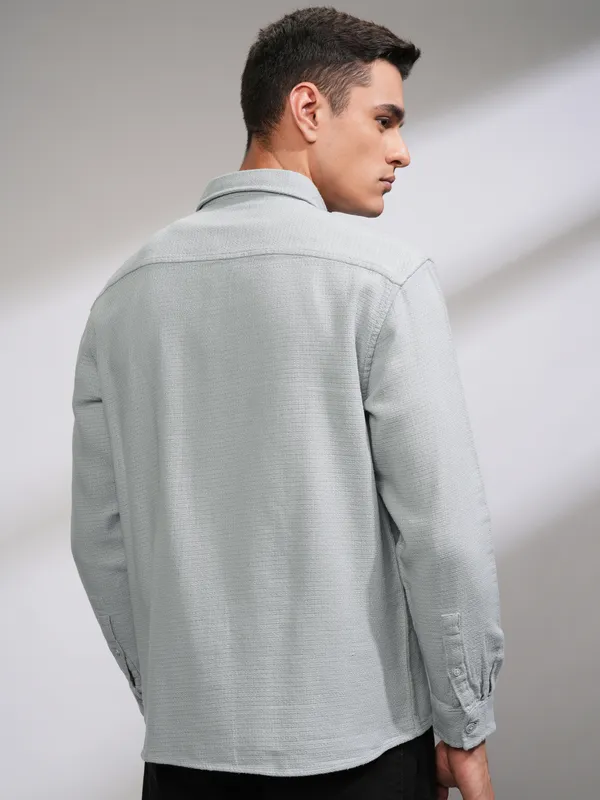 Highlander Men Grey Self Design Oversized Fit Casual Shirt