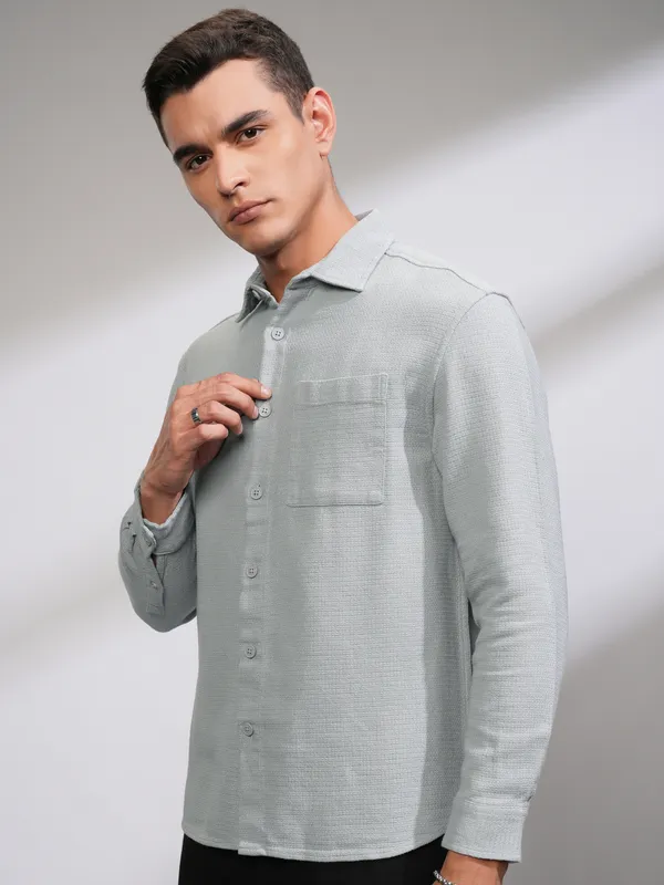 Highlander Men Grey Self Design Oversized Fit Casual Shirt