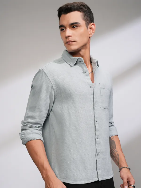 Highlander Men Grey Self Design Oversized Fit Casual Shirt