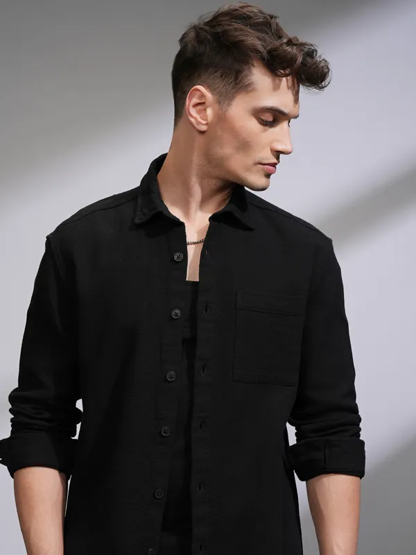 Highlander Men Black Self Design Oversized Fit Casual Shirt