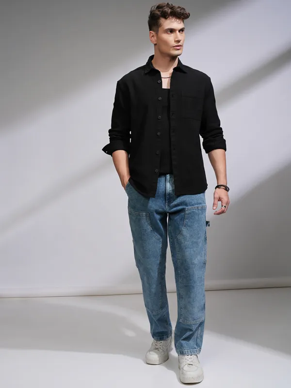 Highlander Men Black Self Design Oversized Fit Casual Shirt