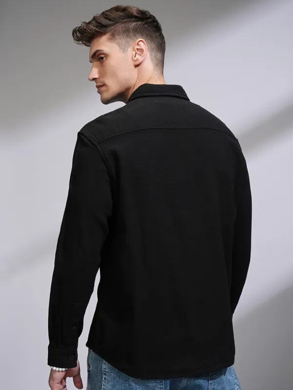 Highlander Men Black Self Design Oversized Fit Casual Shirt