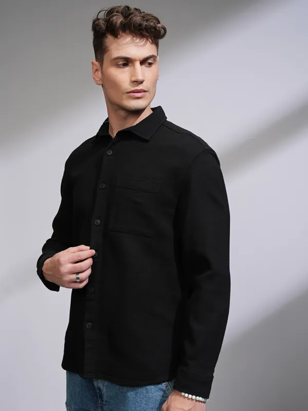 Highlander Men Black Self Design Oversized Fit Casual Shirt