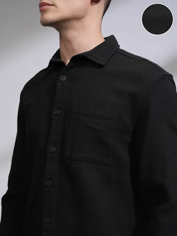 Highlander Men Black Self Design Oversized Fit Casual Shirt