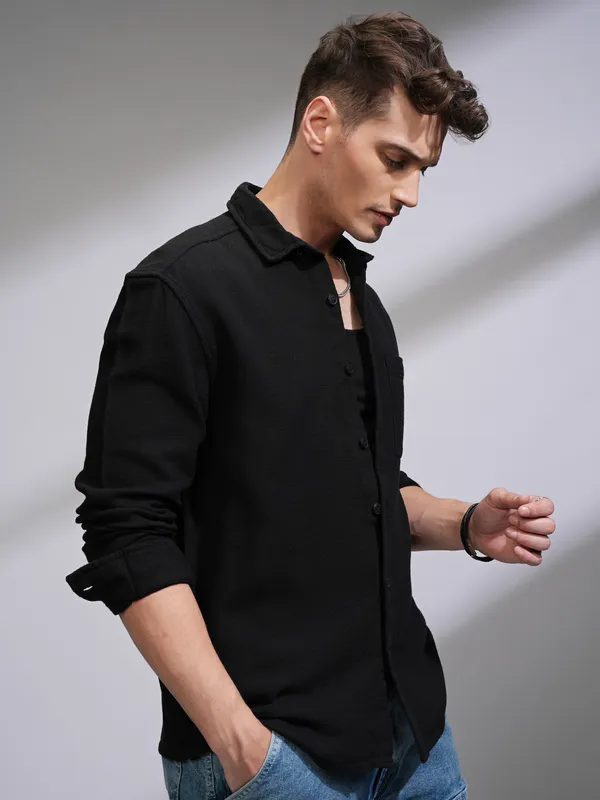 Highlander Men Black Self Design Oversized Fit Casual Shirt