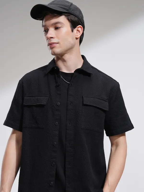 Highlander Men Black Self Design Oversized Fit Casual Shirt