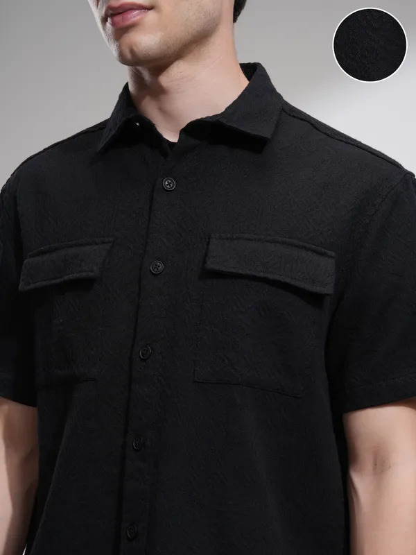 Highlander Men Black Self Design Oversized Fit Casual Shirt