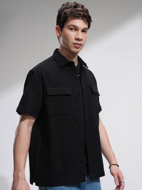 Highlander Men Black Self Design Oversized Fit Casual Shirt