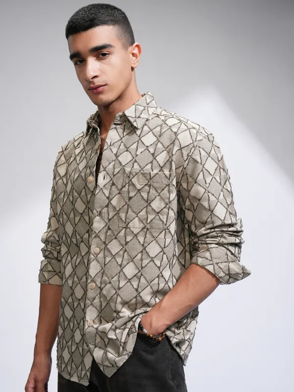 Highlander Men Beige Printed Oversized Fit Casual Shirt