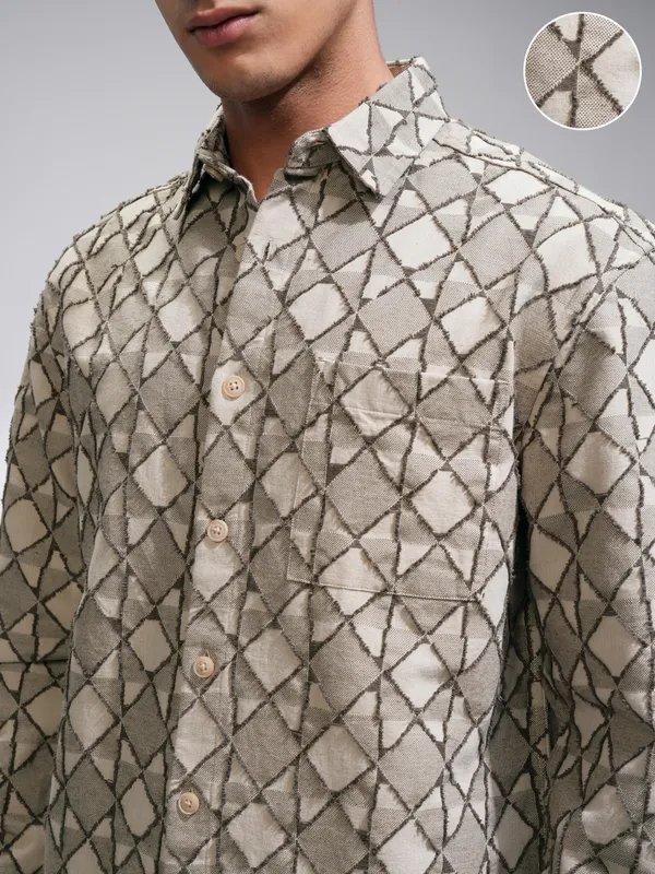 Highlander Men Beige Printed Oversized Fit Casual Shirt