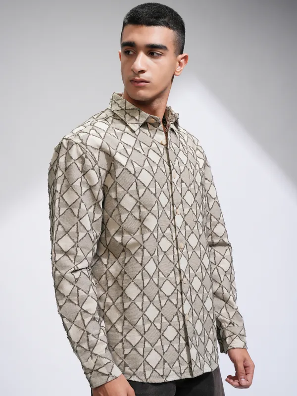 Highlander Men Beige Printed Oversized Fit Casual Shirt