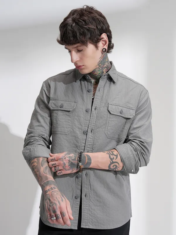 Highlander Men Grey Self Design Oversized Fit Casual Shirt