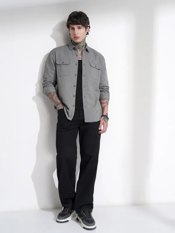 Highlander Men Grey Self Design Oversized Fit Casual Shirt