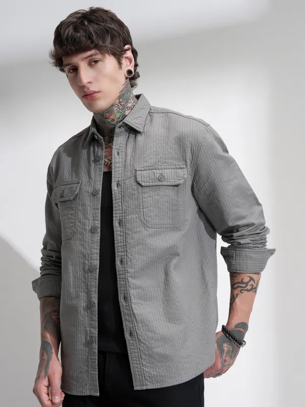 Highlander Men Grey Self Design Oversized Fit Casual Shirt