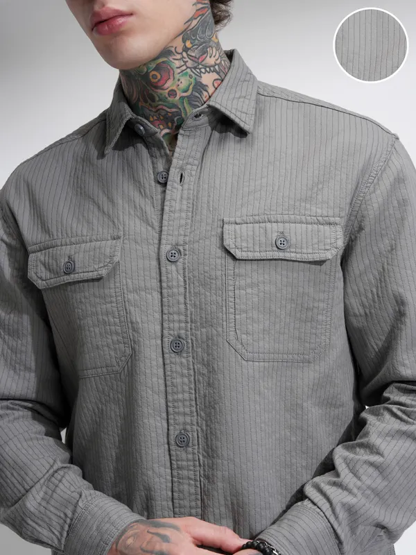 Highlander Men Grey Self Design Oversized Fit Casual Shirt