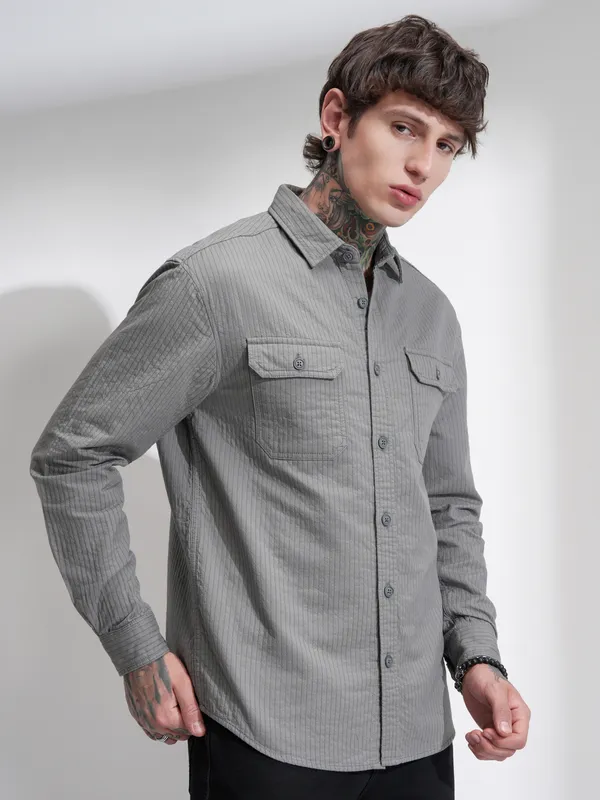 Highlander Men Grey Self Design Oversized Fit Casual Shirt