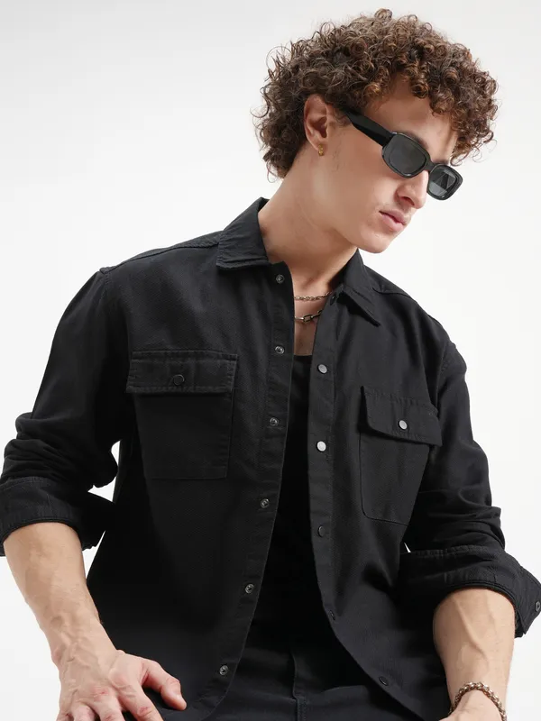 Highlander Men Black Self Design Relaxed Fit Casual Shirt