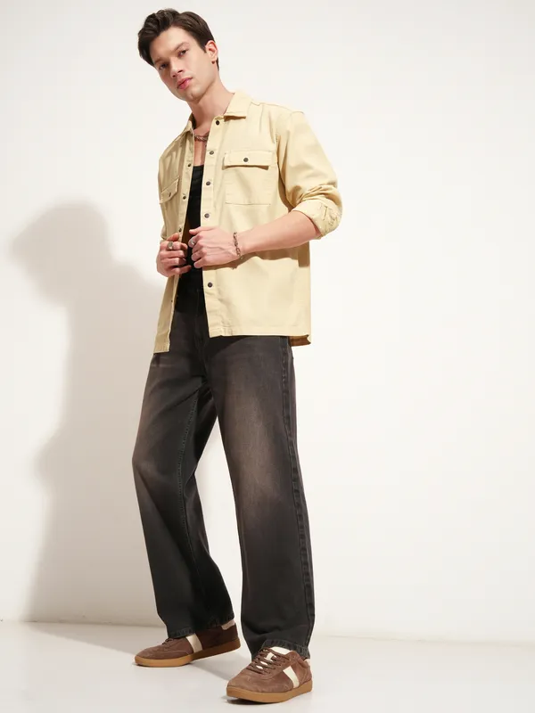 Highlander Men Beige Self Design Relaxed Fit Casual Shirt